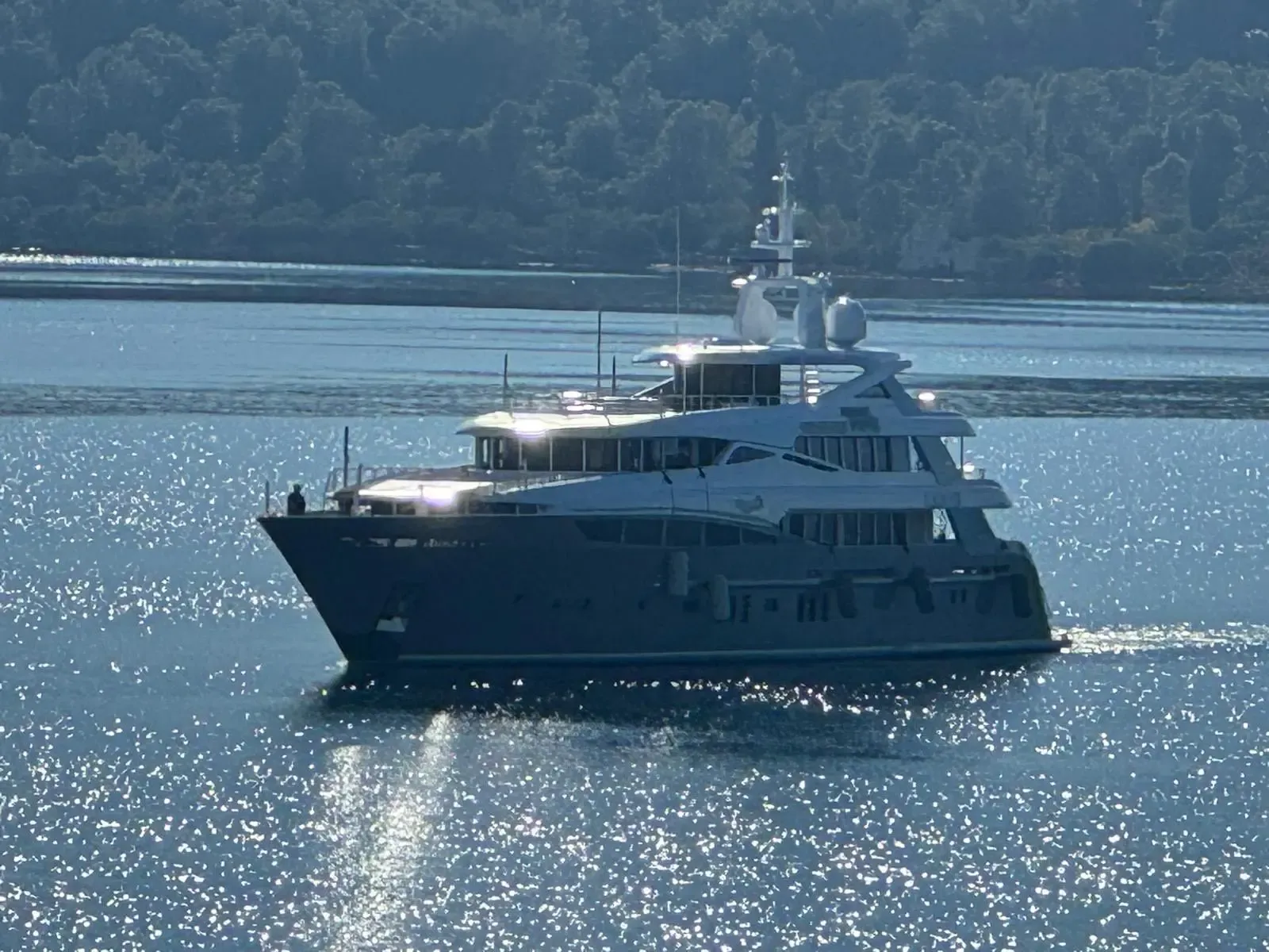 Rossinavi 46-metre motor yacht freshly repainted in metallic grey on the travel lift at the Yacht Glow yard in Trogir.