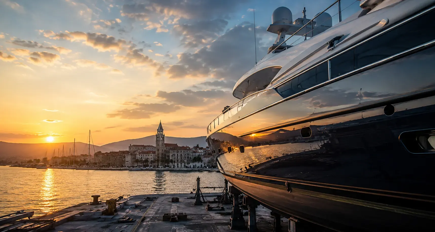 Superyacht at anchor along the Croatian coastline at golden hour.