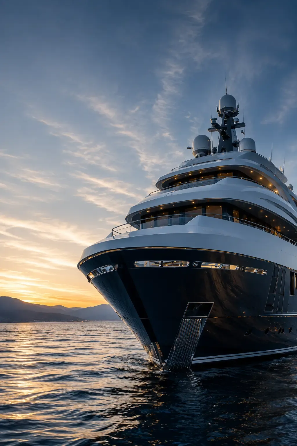 Detailed superyacht exterior photographed from the waterline in clear coastal light.